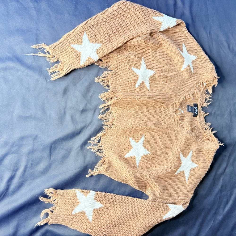 Tan Star Patterned Fringed Sweater